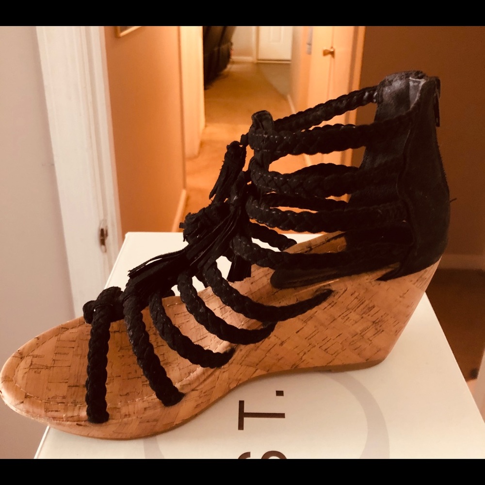 Black tassel wedge sandals